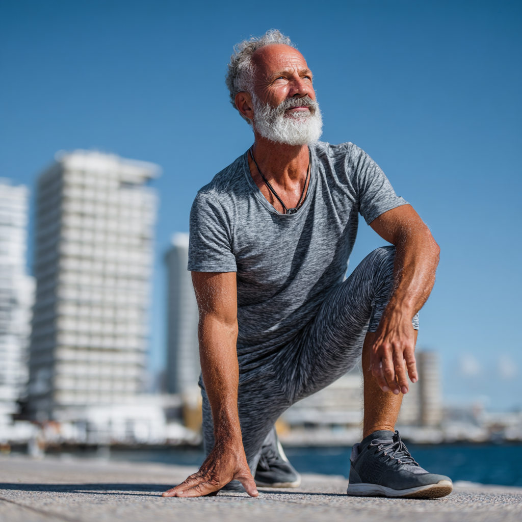 Confident mature man stretching outdoors demonstrating flexibility and body control achievements