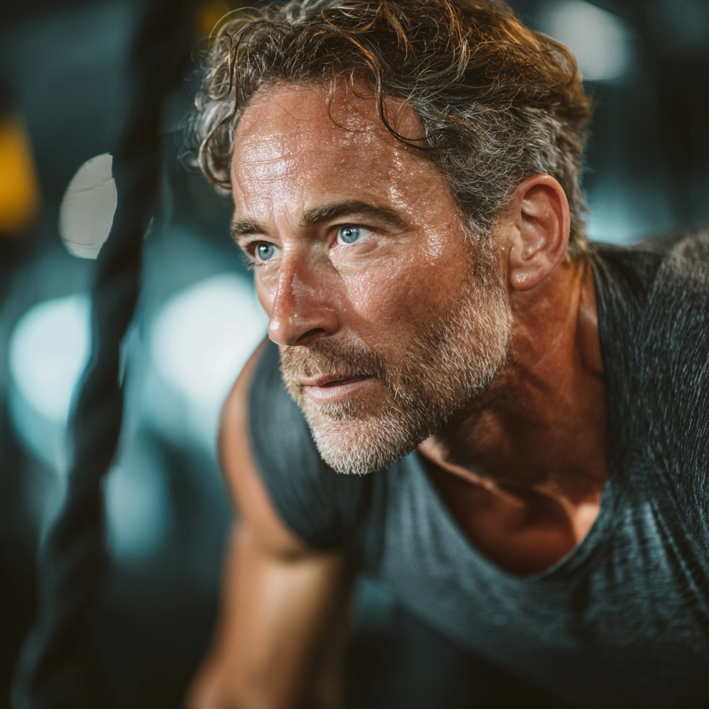Focused middle-aged man performing functional training exercises in modern gym environment